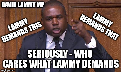 Who cares what Lammy demands | DAVID LAMMY MP; LAMMY DEMANDS THAT; LAMMY DEMANDS THIS; SERIOUSLY - WHO CARES WHAT LAMMY DEMANDS | image tagged in david lammy - labour mp,wearecorbyn,labourisdead,gtto jc4pm,communist socialist,cultofcorbyn | made w/ Imgflip meme maker