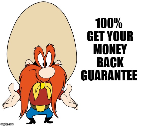 100% GET YOUR MONEY BACK GUARANTEE | image tagged in yosemite sam | made w/ Imgflip meme maker