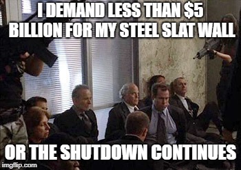 Hostages | I DEMAND LESS THAN $5 BILLION FOR MY STEEL SLAT WALL; OR THE SHUTDOWN CONTINUES | image tagged in hostages | made w/ Imgflip meme maker