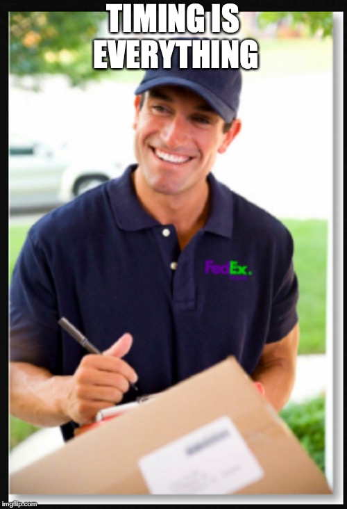 FedEx Guy II | TIMING IS EVERYTHING | image tagged in fedex guy ii | made w/ Imgflip meme maker