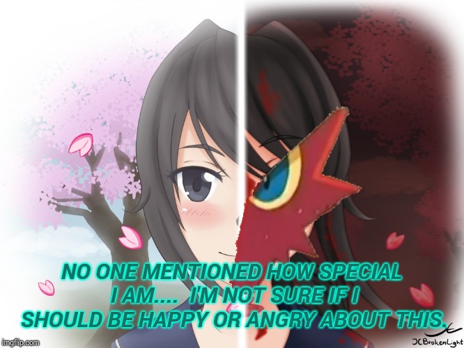 Yandere Blaziken | NO ONE MENTIONED HOW SPECIAL I AM....
 I'M NOT SURE IF I SHOULD BE HAPPY OR ANGRY ABOUT THIS. | image tagged in yandere blaziken | made w/ Imgflip meme maker