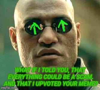 What if i told you | WHAT IF I TOLD YOU, THAT EVERYTHING COULD BE A SCAM. AND THAT I UPVOTED YOUR MEME? | image tagged in what if i told you | made w/ Imgflip meme maker