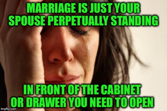 Can anyone else relate? | MARRIAGE IS JUST YOUR SPOUSE PERPETUALLY STANDING; IN FRONT OF THE CABINET OR DRAWER YOU NEED TO OPEN | image tagged in memes,first world problems,the struggle is real | made w/ Imgflip meme maker