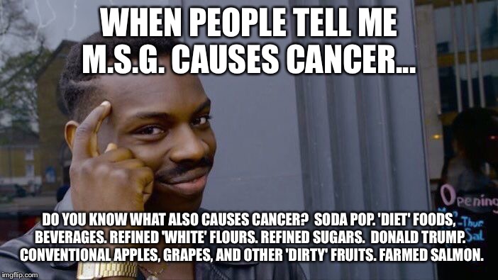 Roll Safe Think About It Meme | WHEN PEOPLE TELL ME M.S.G. CAUSES CANCER... DO YOU KNOW WHAT ALSO CAUSES CANCER?  SODA POP.
'DIET' FOODS, BEVERAGES.
REFINED 'WHITE' FLOURS.
REFINED SUGARS.  DONALD TRUMP. 
CONVENTIONAL APPLES, GRAPES, AND OTHER 'DIRTY' FRUITS.
FARMED SALMON. | image tagged in memes,roll safe think about it | made w/ Imgflip meme maker