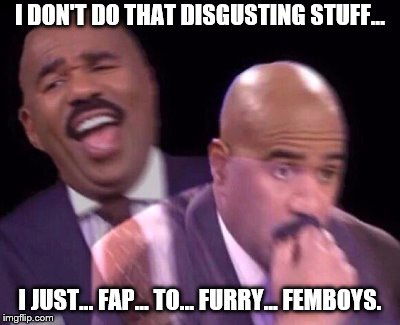 Steve Harvey Laughing Serious | I DON'T DO THAT DISGUSTING STUFF... I JUST... FAP... TO... FURRY... FEMBOYS. | image tagged in steve harvey laughing serious | made w/ Imgflip meme maker