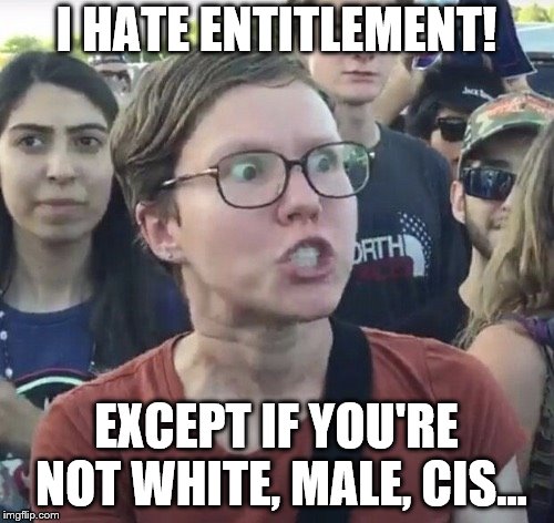 Triggered feminist | I HATE ENTITLEMENT! EXCEPT IF YOU'RE NOT WHITE, MALE, CIS... | image tagged in triggered feminist | made w/ Imgflip meme maker