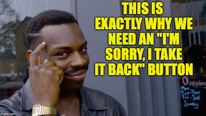 Roll Safe Think About It Meme | THIS IS EXACTLY WHY WE NEED AN "I'M SORRY, I TAKE IT BACK" BUTTON | image tagged in memes,roll safe think about it | made w/ Imgflip meme maker