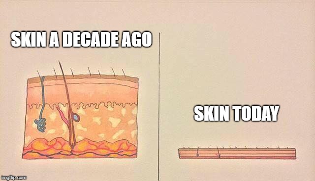 Thin Skin | SKIN A DECADE AGO; SKIN TODAY | image tagged in skin,snowflake,whimp,tough | made w/ Imgflip meme maker