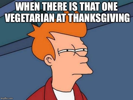 Futurama Fry Meme | WHEN THERE IS THAT ONE VEGETARIAN AT THANKSGIVING | image tagged in memes,futurama fry | made w/ Imgflip meme maker