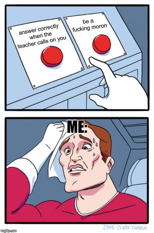 sometimes you have to make the choice no one else can | be a fucking moron; answer correctly when the teacher calls on you; ME: | image tagged in memes,two buttons | made w/ Imgflip meme maker