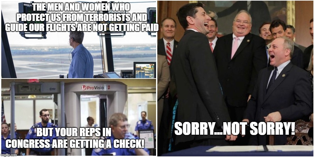 Sorry, Not Sorry! | THE MEN AND WOMEN WHO PROTECT US FROM TERRORISTS AND GUIDE OUR FLIGHTS ARE NOT GETTING PAID; BUT YOUR REPS IN CONGRESS ARE GETTING A CHECK! SORRY...NOT SORRY! | image tagged in government shutdown,tsa,air traffic controller,congress,work sucks,airport | made w/ Imgflip meme maker