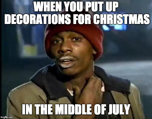 Would this be over-preparing or extreme procrastination? | WHEN YOU PUT UP DECORATIONS FOR CHRISTMAS; IN THE MIDDLE OF JULY | image tagged in memes,y'all got any more of that | made w/ Imgflip meme maker