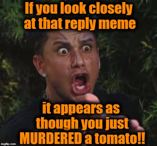for crying out loud | If you look closely at that reply meme it appears as though you just MURDERED a tomato!! | image tagged in for crying out loud | made w/ Imgflip meme maker