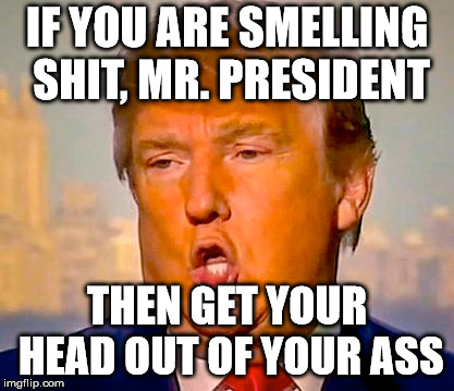mr. president trump ass |  IF YOU ARE SMELLING SHIT, MR. PRESIDENT; THEN GET YOUR HEAD OUT OF YOUR ASS | image tagged in nevertrump | made w/ Imgflip meme maker