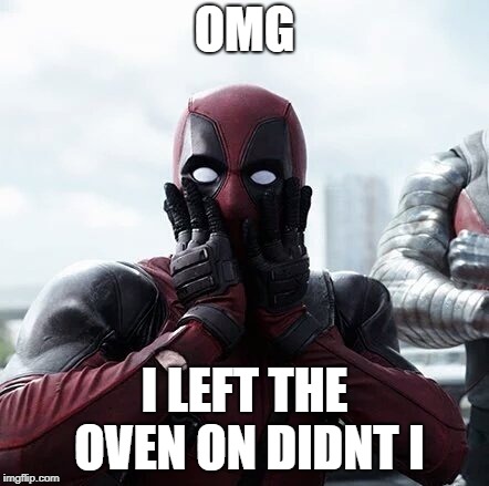 Deadpool Surprised | OMG; I LEFT THE OVEN ON DIDNT I | image tagged in memes,deadpool surprised | made w/ Imgflip meme maker