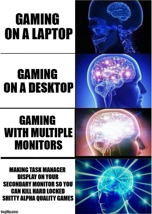 Expanding Brain Meme | GAMING ON A LAPTOP; GAMING ON A DESKTOP; GAMING WITH MULTIPLE MONITORS; MAKING TASK MANAGER DISPLAY ON YOUR SECONDARY MONITOR SO YOU CAN KILL HARD LOCKED SHITTY ALPHA QUALITY GAMES | image tagged in memes,expanding brain | made w/ Imgflip meme maker