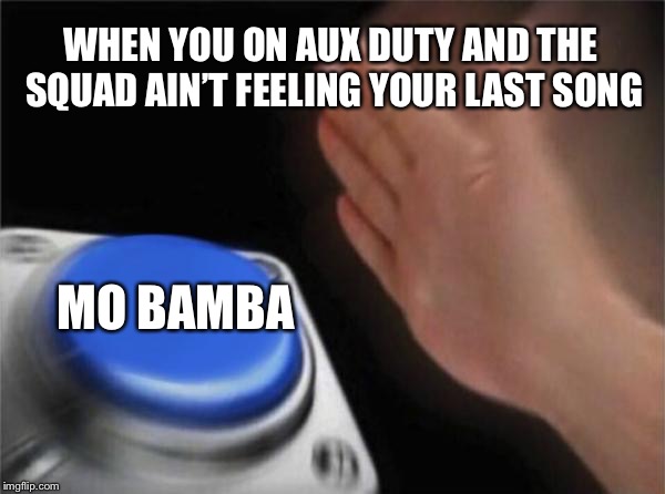 Blank Nut Button | WHEN YOU ON AUX DUTY AND THE SQUAD AIN’T FEELING YOUR LAST SONG; MO BAMBA | image tagged in memes,blank nut button | made w/ Imgflip meme maker