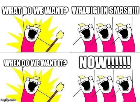 What Do We Want | WHAT DO WE WANT? WALUIGI IN SMASH!!! NOW!!!!!! WHEN DO WE WANT IT? | image tagged in memes,what do we want | made w/ Imgflip meme maker