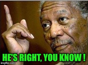 morgan freeman | HE'S RIGHT, YOU KNOW ! | image tagged in morgan freeman | made w/ Imgflip meme maker