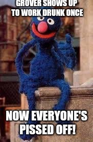 Grover Here, Grover Fired | GROVER SHOWS UP TO WORK DRUNK ONCE; NOW EVERYONE'S PISSED OFF! | image tagged in grover,sesame street,memes,drunk,work,fucking | made w/ Imgflip meme maker