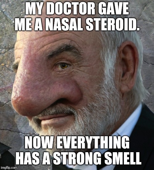 Connery big nose | MY DOCTOR GAVE ME A NASAL STEROID. NOW EVERYTHING HAS A STRONG SMELL | image tagged in connery big nose | made w/ Imgflip meme maker