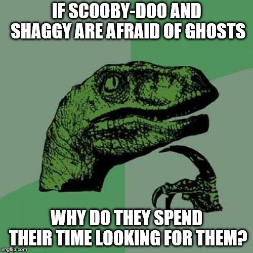 Cartoon Plothole | IF SCOOBY-DOO AND SHAGGY ARE AFRAID OF GHOSTS; WHY DO THEY SPEND THEIR TIME LOOKING FOR THEM? | image tagged in memes,philosoraptor | made w/ Imgflip meme maker