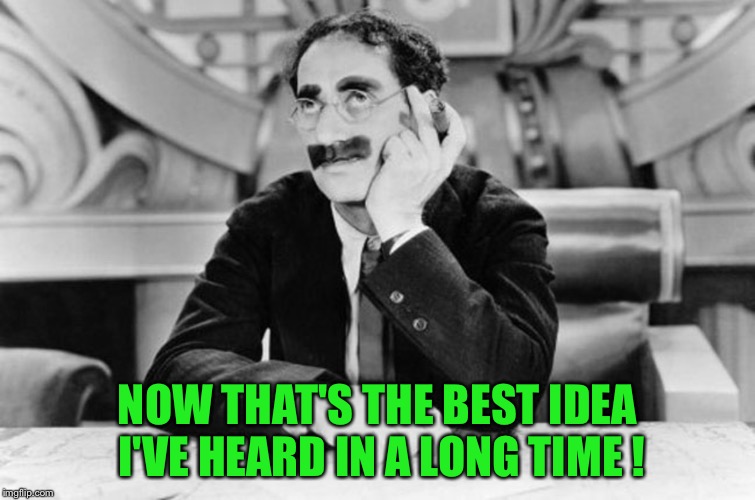 Groucho Marx | NOW THAT'S THE BEST IDEA I'VE HEARD IN A LONG TIME ! | image tagged in groucho marx | made w/ Imgflip meme maker