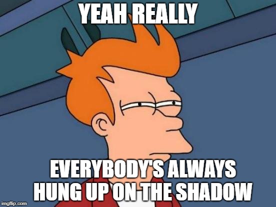 Futurama Fry Meme | YEAH REALLY EVERYBODY'S ALWAYS HUNG UP ON THE SHADOW | image tagged in memes,futurama fry | made w/ Imgflip meme maker