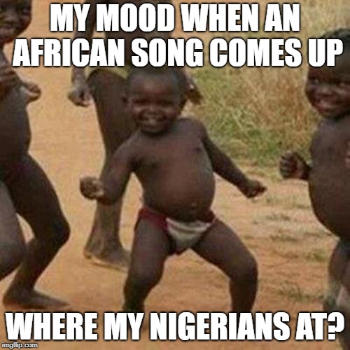 Third World Success Kid Meme | MY MOOD WHEN AN AFRICAN SONG COMES UP; WHERE MY NIGERIANS AT? | image tagged in memes,third world success kid | made w/ Imgflip meme maker