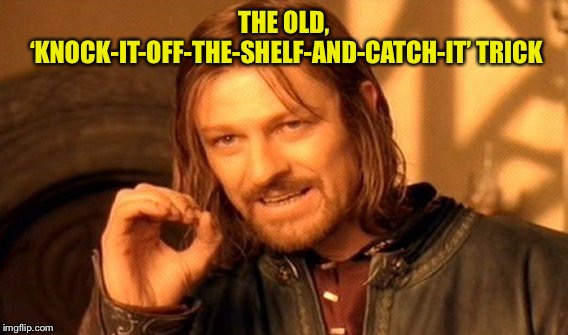 One Does Not Simply Meme | THE OLD, ‘KNOCK-IT-OFF-THE-SHELF-AND-CATCH-IT’ TRICK | image tagged in memes,one does not simply | made w/ Imgflip meme maker