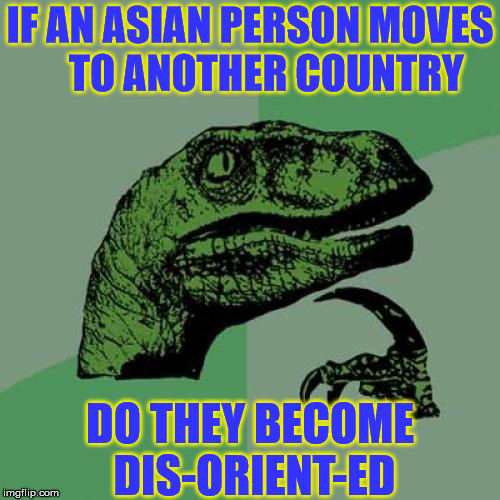 Philosoraptor | IF AN ASIAN PERSON MOVES        TO ANOTHER COUNTRY; DO THEY BECOME DIS-ORIENT-ED | image tagged in memes,philosoraptor,asian,move | made w/ Imgflip meme maker
