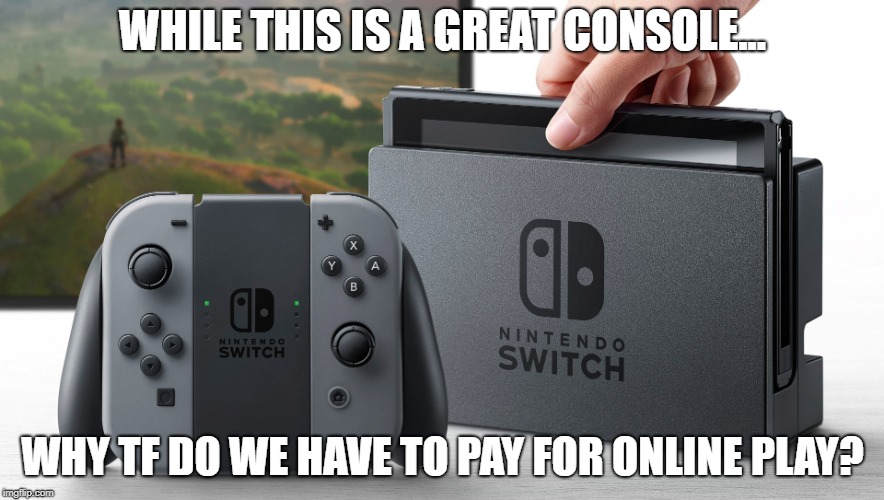 Nintendo Switch | WHILE THIS IS A GREAT CONSOLE... WHY TF DO WE HAVE TO PAY FOR ONLINE PLAY? | image tagged in nintendo switch | made w/ Imgflip meme maker