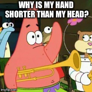 No Patrick | WHY IS MY HAND SHORTER THAN MY HEAD? | image tagged in memes,no patrick | made w/ Imgflip meme maker