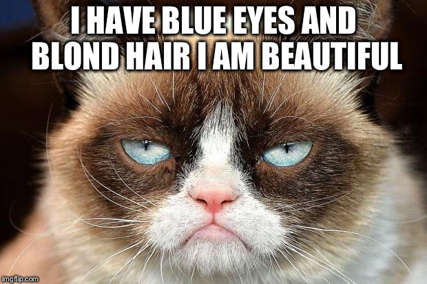 Grumpy Cat Not Amused | I HAVE BLUE EYES AND BLOND HAIR I AM BEAUTIFUL | image tagged in memes,grumpy cat not amused,grumpy cat | made w/ Imgflip meme maker