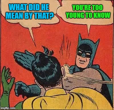 Batman Slapping Robin Meme | WHAT DID HE MEAN BY THAT? YOU'RE TOO YOUNG TO KNOW | image tagged in memes,batman slapping robin | made w/ Imgflip meme maker