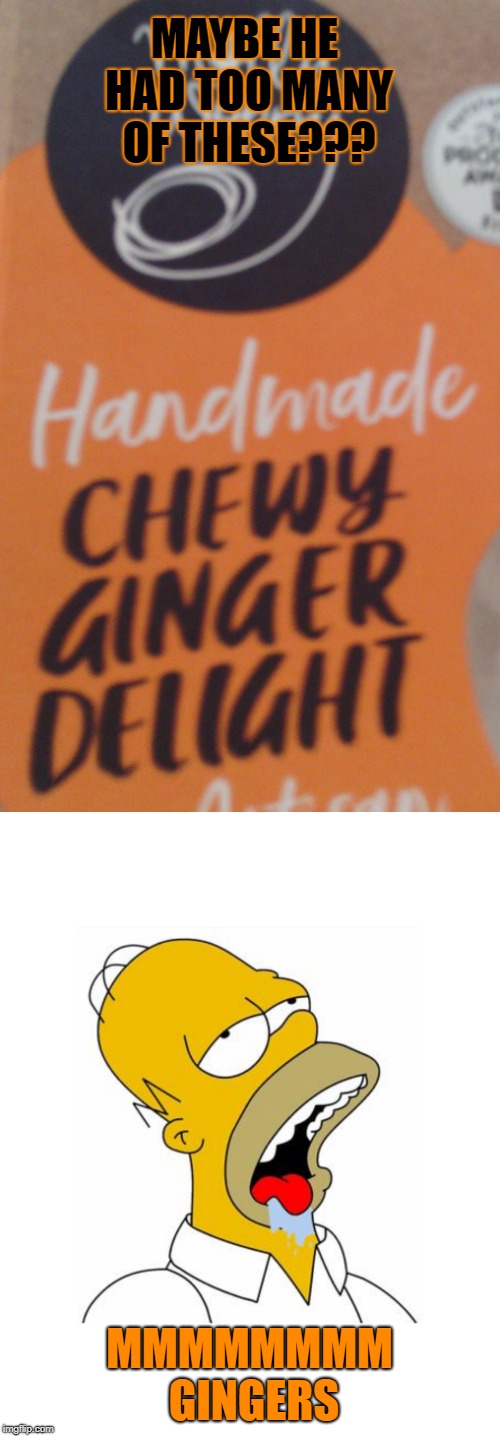 MAYBE HE HAD TOO MANY OF THESE??? MMMMMMMM GINGERS | image tagged in homer simpson drooling | made w/ Imgflip meme maker