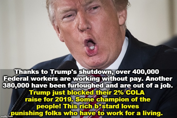 Continuing a lifelong pattern of stiffing the working stiffs. Hence the 4000 lawsuits. | Trump just blocked their 2% COLA raise for 2019. Some champion of the people! This rich b*stard loves punishing folks who have to work for a living. Thanks to Trump's shutdown, over 400,000 Federal workers are working without pay. Another 380,000 have been furloughed and are out of a job. | image tagged in trump,shutdown,workers,pay,job,raise | made w/ Imgflip meme maker