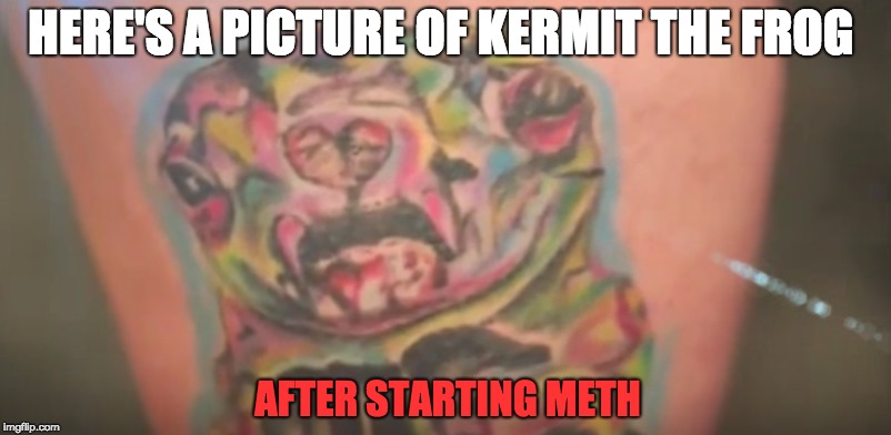 Meth Head Kermit | HERE'S A PICTURE OF KERMIT THE FROG; AFTER STARTING METH | image tagged in kermit the frog fcked up,frog,tattoo,bad tattoos,meth,drugs | made w/ Imgflip meme maker