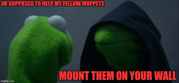 Evil Kermit | IM SUPPOSED TO HELP MY FELLOW MUPPETS; MOUNT THEM ON YOUR WALL | image tagged in memes,evil kermit | made w/ Imgflip meme maker