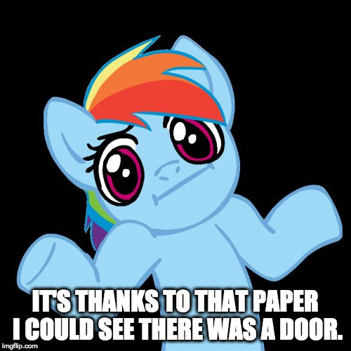 Pony Shrugs Meme | IT'S THANKS TO THAT PAPER I COULD SEE THERE WAS A DOOR. | image tagged in memes,pony shrugs | made w/ Imgflip meme maker