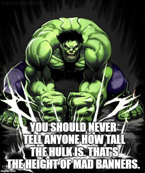 Hulk Smash | YOU SHOULD NEVER TELL ANYONE HOW TALL THE HULK IS. THAT'S THE HEIGHT OF MAD BANNERS. | image tagged in hulk smash | made w/ Imgflip meme maker