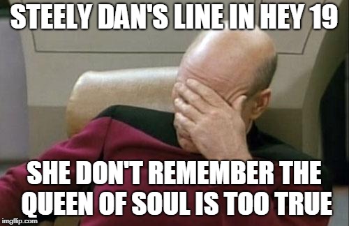 Captain Picard Facepalm Meme | STEELY DAN'S LINE IN HEY 19 SHE DON'T REMEMBER THE QUEEN OF SOUL IS TOO TRUE | image tagged in memes,captain picard facepalm | made w/ Imgflip meme maker