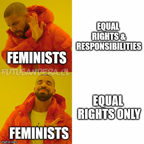 Drake Hotline Bling | EQUAL RIGHTS & RESPONSIBILITIES; FEMINISTS; EQUAL RIGHTS ONLY; FEMINISTS | image tagged in drake | made w/ Imgflip meme maker