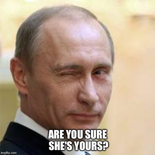 Putin Winking | ARE YOU SURE SHE'S YOURS? | image tagged in putin winking | made w/ Imgflip meme maker