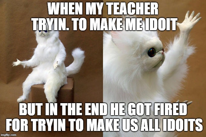 Persian Cat Room Guardian Meme | WHEN MY TEACHER TRYIN. TO MAKE ME IDOIT; BUT IN THE END HE GOT FIRED FOR TRYIN TO MAKE US ALL IDOITS | image tagged in memes,persian cat room guardian | made w/ Imgflip meme maker