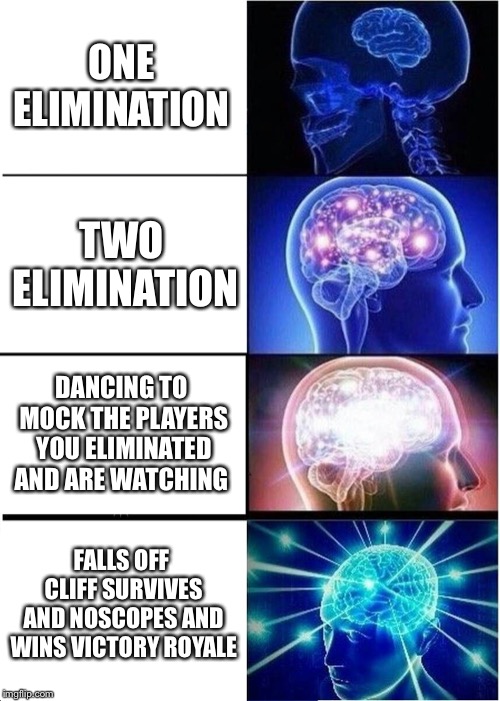 Expanding Brain Meme | ONE ELIMINATION; TWO ELIMINATION; DANCING TO MOCK THE PLAYERS YOU ELIMINATED AND ARE WATCHING; FALLS OFF CLIFF SURVIVES AND NOSCOPES AND WINS VICTORY ROYALE | image tagged in memes,expanding brain | made w/ Imgflip meme maker