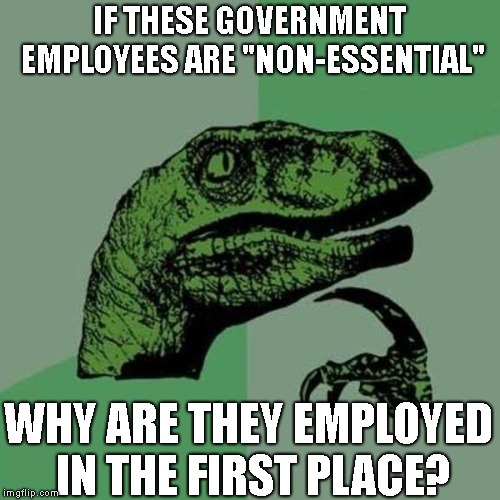 Government Shutdown ? Hadn't Noticed... | IF THESE GOVERNMENT EMPLOYEES ARE "NON-ESSENTIAL"; WHY ARE THEY EMPLOYED IN THE FIRST PLACE? | image tagged in raptor,government shutdown,maga,donald trump | made w/ Imgflip meme maker