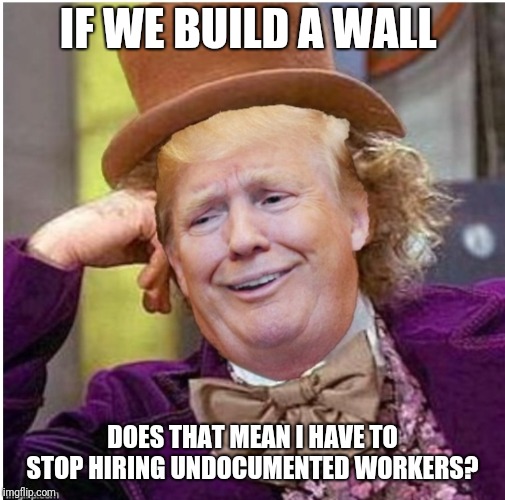 Wonka Trump | IF WE BUILD A WALL; DOES THAT MEAN I HAVE TO STOP HIRING UNDOCUMENTED WORKERS? | image tagged in wonka trump | made w/ Imgflip meme maker