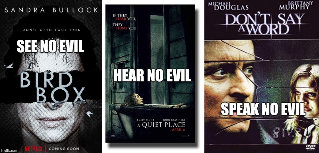 Wise monkey movies | SEE NO EVIL; HEAR NO EVIL; SPEAK NO EVIL | image tagged in see no evil,bird box,a quiet place,movies | made w/ Imgflip meme maker