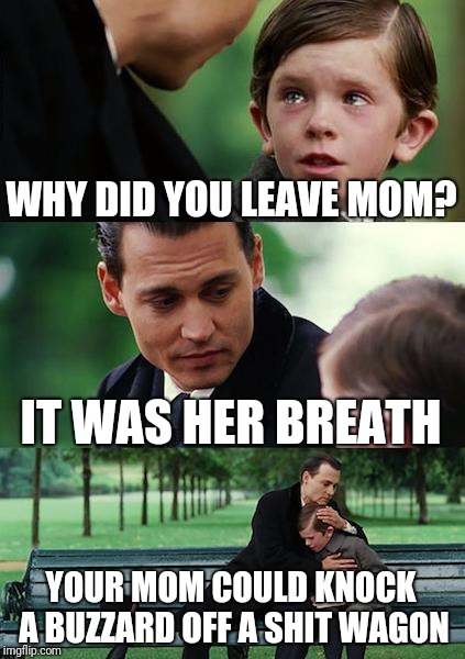 Finding Neverland Meme | WHY DID YOU LEAVE MOM? IT WAS HER BREATH; YOUR MOM COULD KNOCK A BUZZARD OFF A SHIT WAGON | image tagged in memes,finding neverland | made w/ Imgflip meme maker